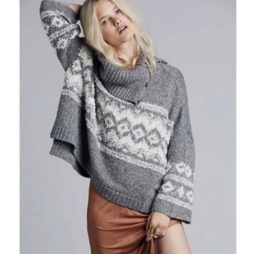 Free People Fair Isle Cowl Neck Chunky Wool Blend Gray Oversized Sweater Small